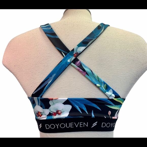 DOYOUEVEN black multicoloured floral tropical crisscross back sports bra Sz L - Picture 4 of 7